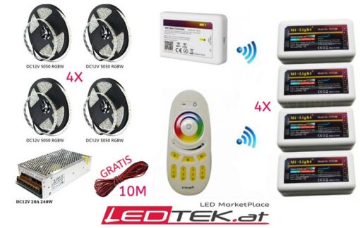 WIFI KIT SMART HOME LED RGBW MiLight mit 4x Led Streifen, 4x Wifi Controllers, Ferbedienung, Wifi iBox2 Hub, 10m Kabel und 12V Netzteil